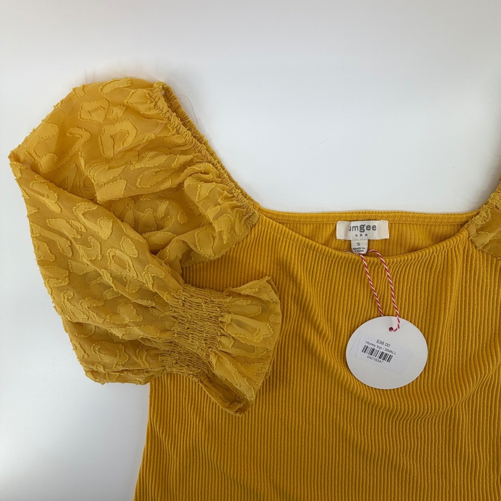 Umgee USA Mustard Yellow Ribbed Square‎ Nk Puff Sleeve Shirt Small NWT Boho